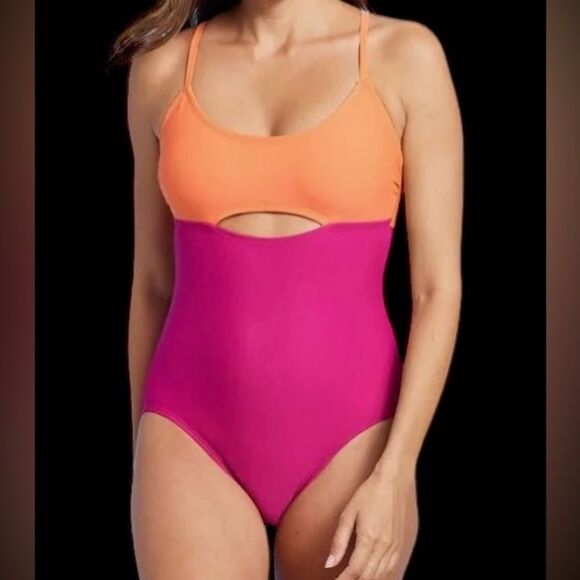 Women’s / juniors hot pink & sherbert cutout colorblock one piece swimsuit NWT L - Picture 1 of 4